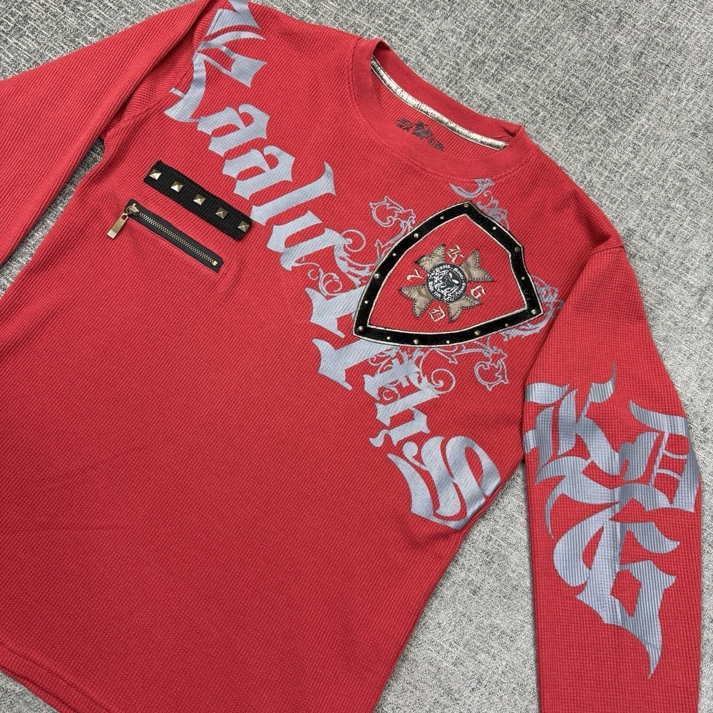 Kaalu Y2K Thermal Waffle Knit Shirt Mens Medium Red Graphic Studded Long Sleeve